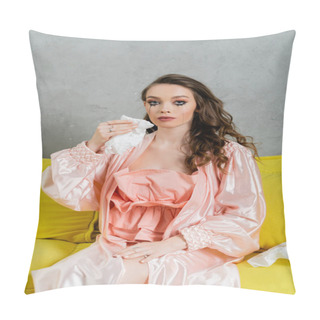 Personality  Emotional Stress, Sad Woman With Smudged Mascara Sitting On Yellow Couch, Upset Housewife Crying And Holding Napkin, Feeling Lonely And Depressed, Heartbroken Wife At Home  Pillow Covers