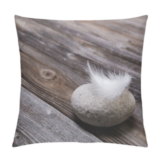 Personality  Concepts: Natural Wooden Background With Stone And White Feather Pillow Covers