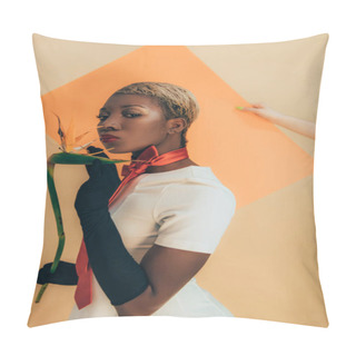 Personality  African American Model In Black Gloves Posing With Strelitzia Flower On Beige And Orange Pillow Covers