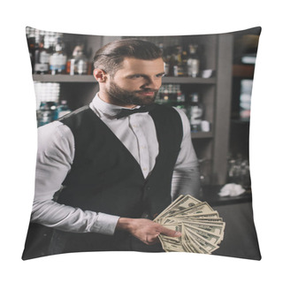 Personality  Happy Handsome Bartender Holding Tips At Bar Pillow Covers