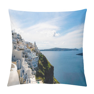 Personality  Sunshine On White Houses Near Tranquil Aegean Sea Against Sky With Clouds In Santorini Pillow Covers