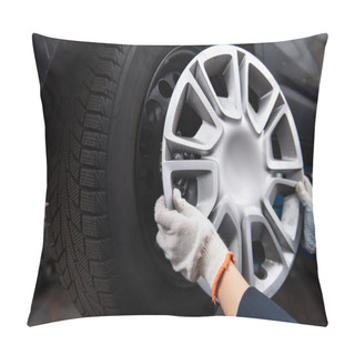 Personality  Cropped View Of Mechanic Holding Wheel Disk Near Car In Garage  Pillow Covers