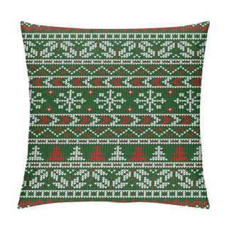 Personality  Ugly Sweater Christmas Greeting Card X-mas Happy New Year. Vector Illustration Seamless Knitted Background Pattern Scandinavian Ornaments. White, Red, Green Colors Knitting. Flat Style Knit Pillow Covers