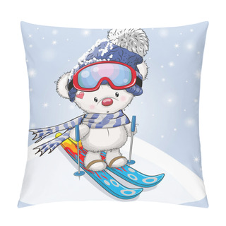 Personality  Cute Cartoon Bear With Skis On A Blue Background Pillow Covers