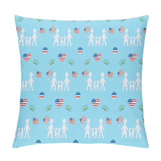 Personality  Seamless Background Pattern With Hearts Made Of Us Flags, White Paper Cut Families And Crowns On Blue, Independence Day Concept Pillow Covers