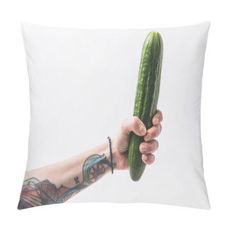 Personality  Hand Holding Green Cucumber Isolated On White Background Pillow Covers