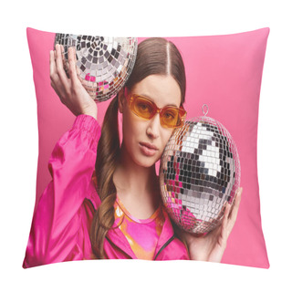 Personality  A Young, Stylish Girl In Her 20s Wearing A Pink Jacket Holds Two Disco Balls In A Studio With A Pink Background. Pillow Covers