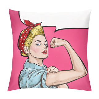 Personality  Pop Art Background. We Can Do It. Iconic Woman's Fist/symbol Of Female Power And Industry. Advertising.Pop Art Girl. Protest, Meeting, Feminism, Woman Rights, Woman Protest, Girl Power. Yes We Can Pillow Covers