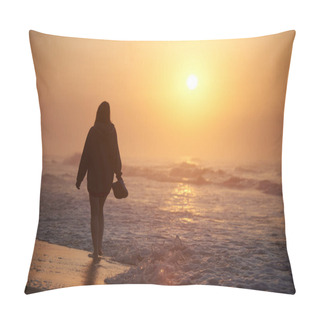 Personality  A Woman Walks Along The Sea Shore At Dawn, Splashes Pillow Covers