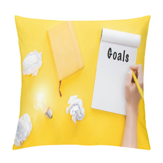 Personality  Notebook With 'goals' Word, Crumbled Paper Balls And Glowing Light Bulb, Goal Setting Concept Pillow Covers