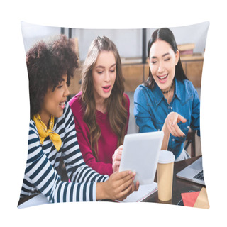 Personality  Portrait Of Multiethnic Young Students Using Tablet Together Pillow Covers