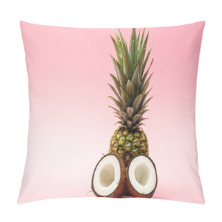 Personality  Ripe Pineapple And Fresh Coconut Halves On Pink Background Pillow Covers