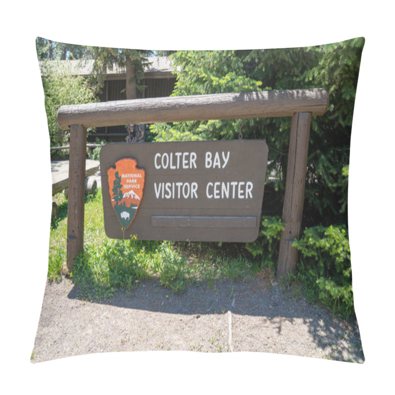 Personality  Wyoming, USA - June 26, 2020: Sign for the Colter Bay Visitor Center in Grand Teton National Park pillow covers