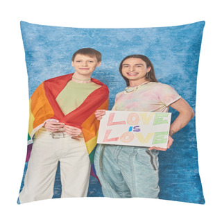 Personality  Carefree Queer Community With Lgbt Flag Holding Placard With Love Is Love Lettering And Looking At Camera While Celebrating Pride Month On Mottled Blue Background Pillow Covers