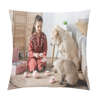 Personality  Girl Holding Toy Cup And Saucer While Sitting On Floor With Dog And Cat Pillow Covers