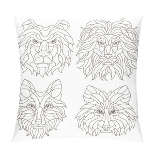 Personality  Set Of Contour Illustrations Of Stained Glass Windows With Animal Heads, Bear, Fox, Raccoon And Lion Pillow Covers