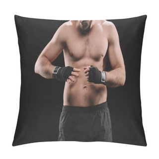 Personality  Partial View Of Muscular Sportsman Looking At Hands With Bandages Isolated On Black Pillow Covers
