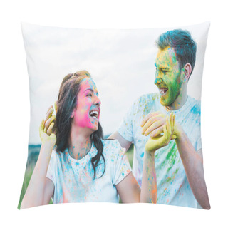 Personality  Happy Young Woman Smiling While Gesturing Near Man With Holi Paints On Face  Pillow Covers