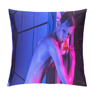 Personality  Science Fiction Concept, Humanoid Alien Standing In Neon Light Of Futuristic Discovery Center Pillow Covers