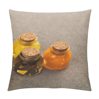 Personality  Top View Of Glass Bottles With Organic Essential Oil On Dark Surface Pillow Covers