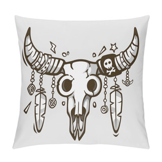 Personality  Boho Chic. Ethnic Tattoo Style. Native American Or Mexican Bull Skull With Feathers On Horns. Pillow Covers