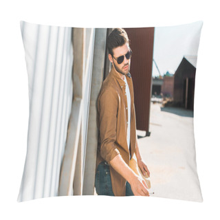 Personality  Handsome Cowboy In Sunglasses Holding Cigarette And Leaning On Wall At Ranch Pillow Covers