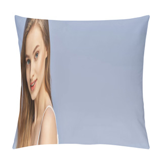 Personality  A Young Woman With Long Blonde Hair Stands Gracefully In Front Of A Vibrant Blue Sky. Pillow Covers