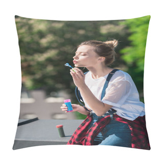 Personality  Attractive Young Woman Using Bubble Blower At Rooftop  Pillow Covers