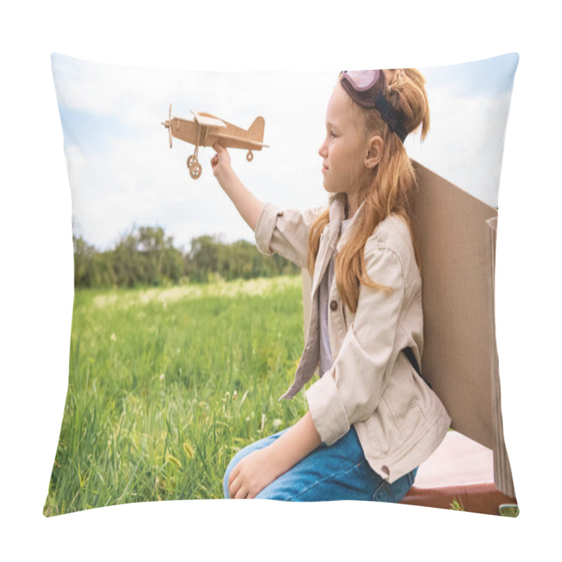 Personality  Kid In Pilot Costume With Wooden Toy Plane In Hand Sitting On Retro Suitcase In Field Pillow Covers