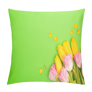 Personality  Top View Of Yellow And Pink Tulips With Decorative Hearts On Green Background, Spring Concept  Pillow Covers
