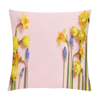 Personality  Top View Of Beautiful Blue Hyacinths And Yellow Daffodils On Pink Background With Copy Space Pillow Covers