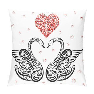Personality  Vector Illustration Of Swans And Heart Made Of Ornament Elements. Figure Black Line. Lace Image For Your Design And Decor. T-shirt With A Print. Wedding. Valentine's Day. Be In Love. Romance. Tattoo Pillow Covers