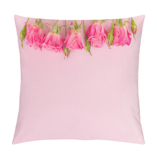Personality  Pink Fresh Rose Branches Border And Empty Space For Text Isolated On Pastel Background. Pillow Covers