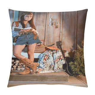 Personality  Woman In Boho Style Reading Book Pillow Covers