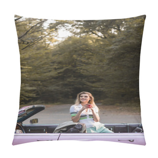 Personality  Smiling Woman Holding Cup Of Coffee And Looking Away From Vintage Cabriolet Near Forest Pillow Covers