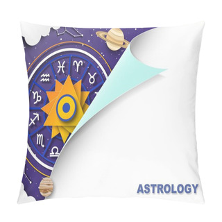 Personality  Zodiac Wheel With Twelve Horoscope Signs, Planets, Starry Sky, Constellations, Vector Paper Cut Illustration. Astrology. Pillow Covers