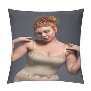 Personality  Seductive Curvy Model With Red Wavy Hair In Beige Underwear Looking At Camera On Dark Grey Backdrop Pillow Covers