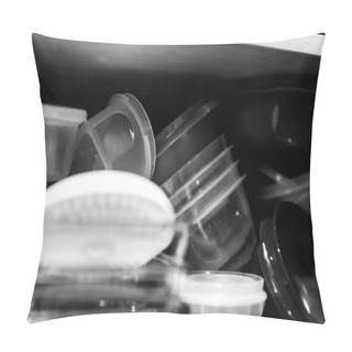 Personality  Narrow Depth Of Field Picture Of An Open Kitchen Cabinet With An Assortment Of Containers And Mismatched Lids Stacked. High Quality Photo Pillow Covers