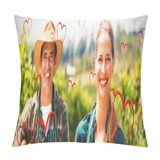 Personality  Red Hearts Against Portrait Of Happy Farmer Couple Holding Baskets Of Vegetables And Fruits Pillow Covers