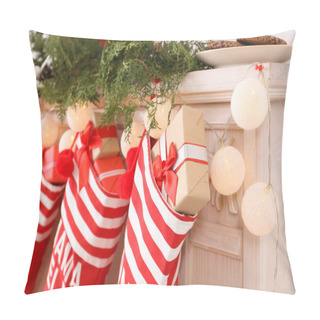 Personality  Red Christmas Stockings Hanging On Decorated Fireplace, Indoors. Festive Interior Pillow Covers