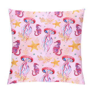 Personality  Seamless Pattern With Detailed Transparent Jellyfish. Pink And Blue Sea Jelly On Blue Background. Illustration Pillow Covers