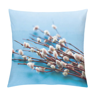 Personality  Willow Twigs With Blossoming Buds On A Blue Background Pillow Covers