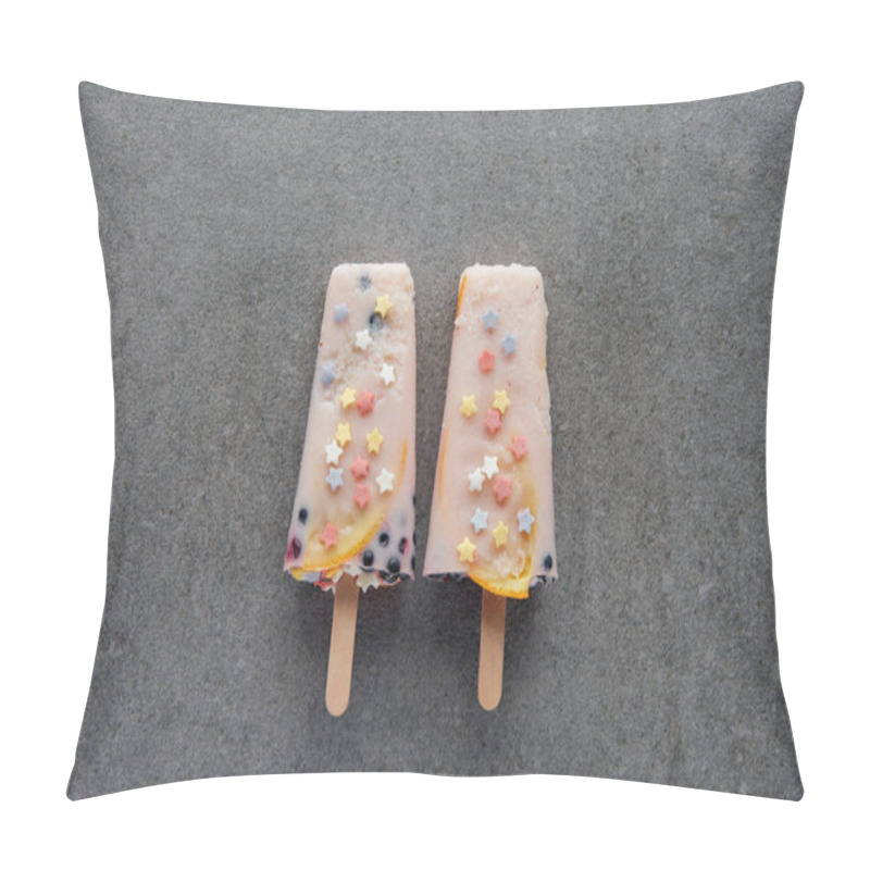 Personality  Top View Of Sweet Tasty Popsicles On Sticks On Grey  Pillow Covers