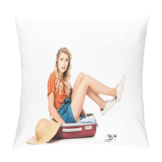 Personality  Confused Young Woman Trying To Pack Full Suitcase Isolated On White Pillow Covers