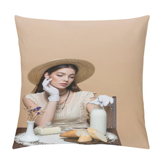 Personality  Trendy Model In Sun Hat Touching Bottle Of Milk Near Butter And Bread Isolated On Beige  Pillow Covers