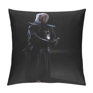Personality  Full Length View Of Kendo Fighter In Helmet Holding Bamboo Sword On Black Pillow Covers