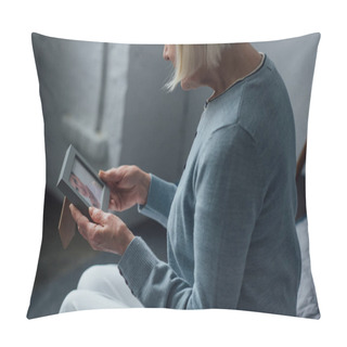 Personality  Cropped View Of Senior Woman Sitting On Bed And Looking At Frame With Photograph At Home  Pillow Covers
