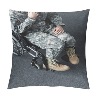 Personality  Overhead View Of Disabled Man In Military Uniform Sitting In Wheelchair With Bowed Head Pillow Covers
