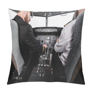 Personality  Bearded Pilot In Cap Using Thrust Lever Near Co-pilot In Airplane Simulator  Pillow Covers