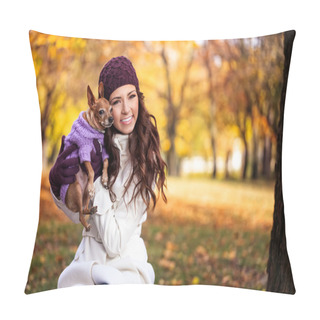 Personality  Happy Woman With Her Dog Pillow Covers